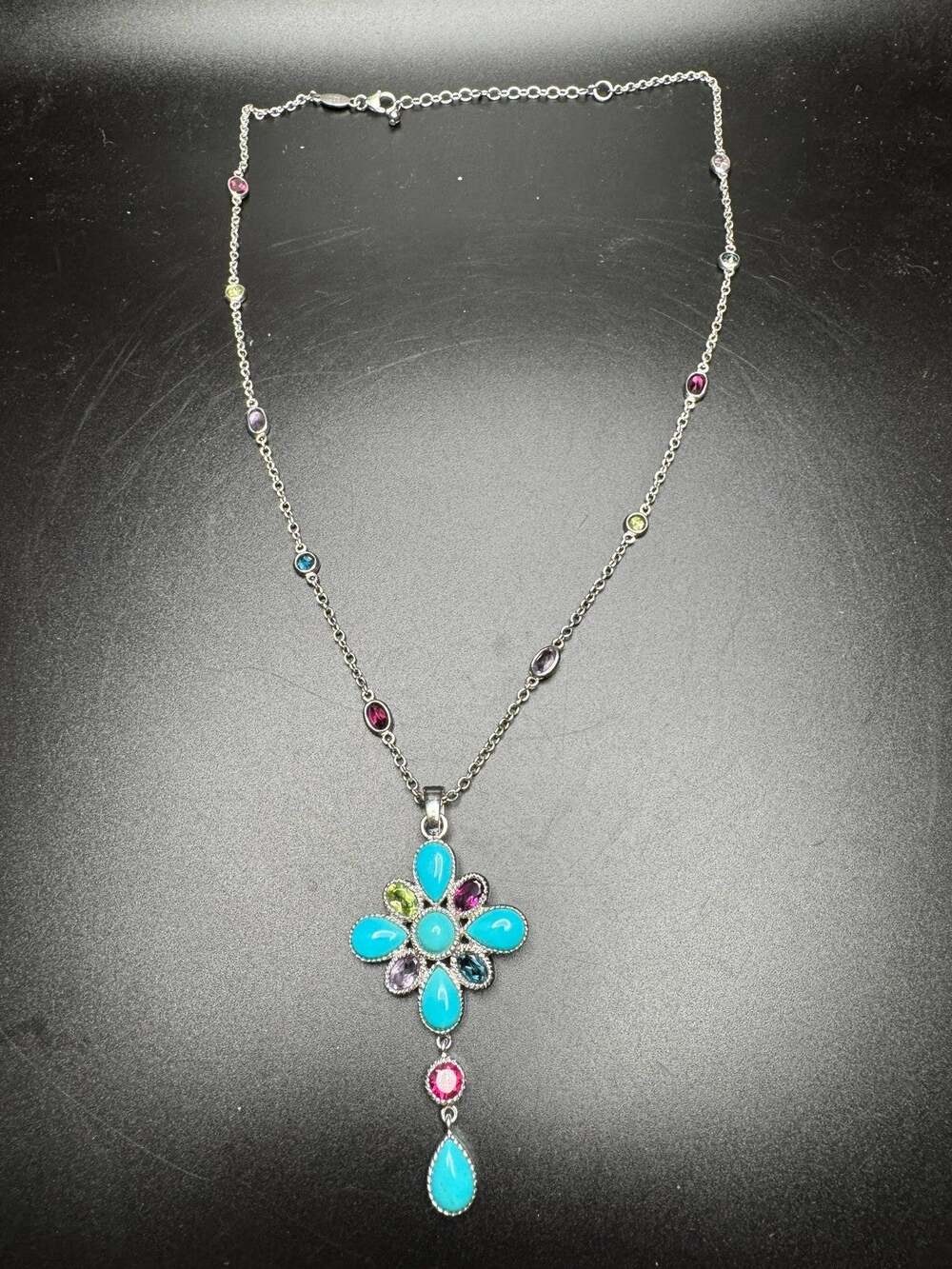 925 Sterling Silver Multi-Gemstone Floral Pendant Necklace Turquoise Amethyst